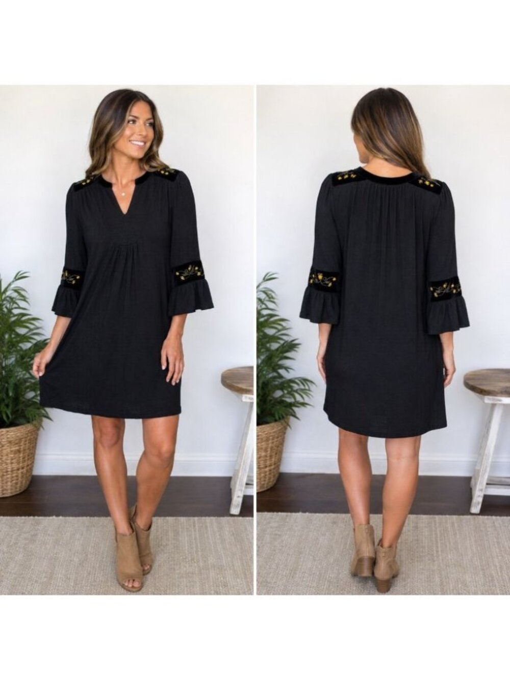 Cupio Women’s Small Black Embroidered Bell Sleeve Tunic Dress Boho Viscose